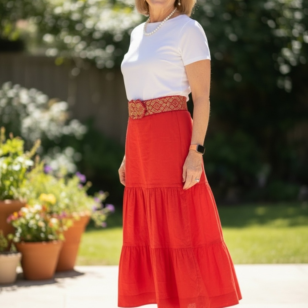 Nicole miller Vibrant Red Tiered Midi Skirt - ruffle hem cotton blend Boho med
